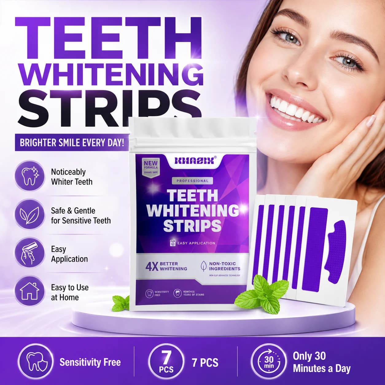Teeth Whitening Strips 7 Pairs Purple Dental Care Patches, Portable Smile Whitening Kit for Home Use