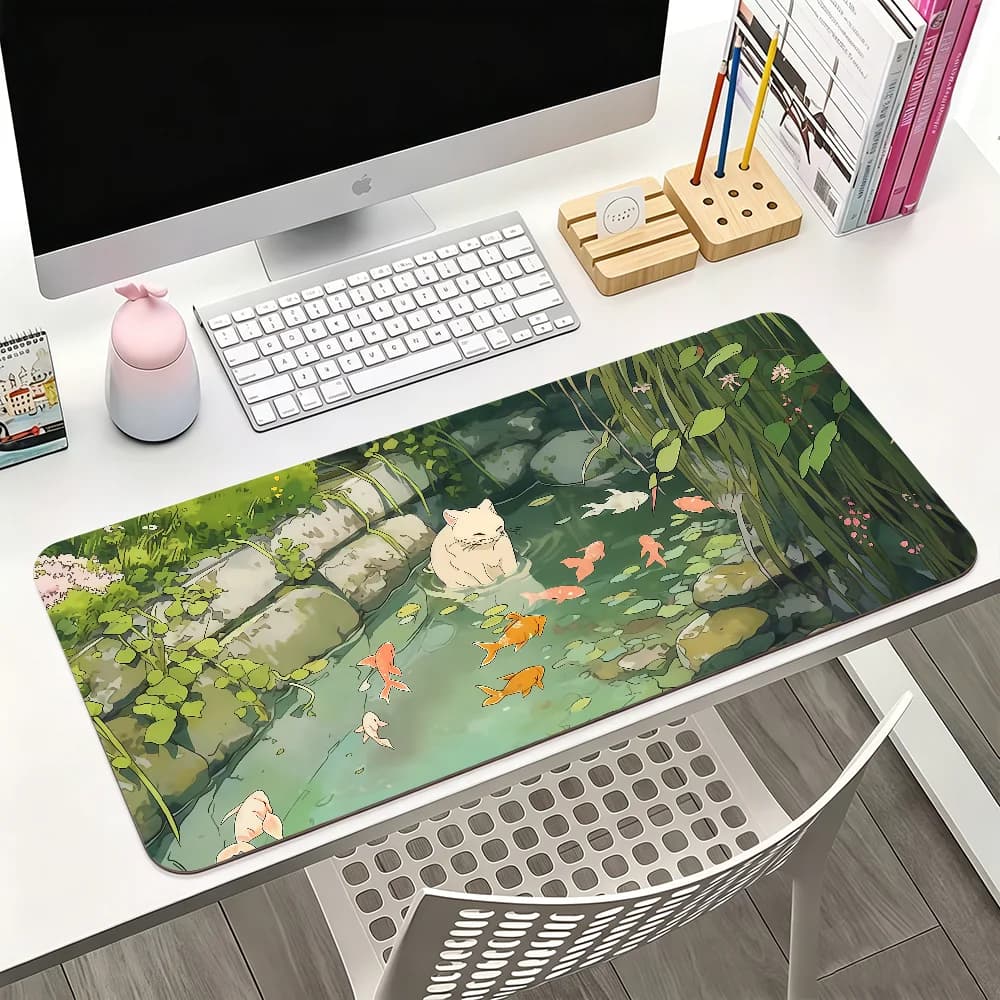 Simpatico tappetino per mouse Lofi con gatto e pesce dei cartoni animati, per giochi e tastiere da ufficio, antiscivolo, grande, impermeabile