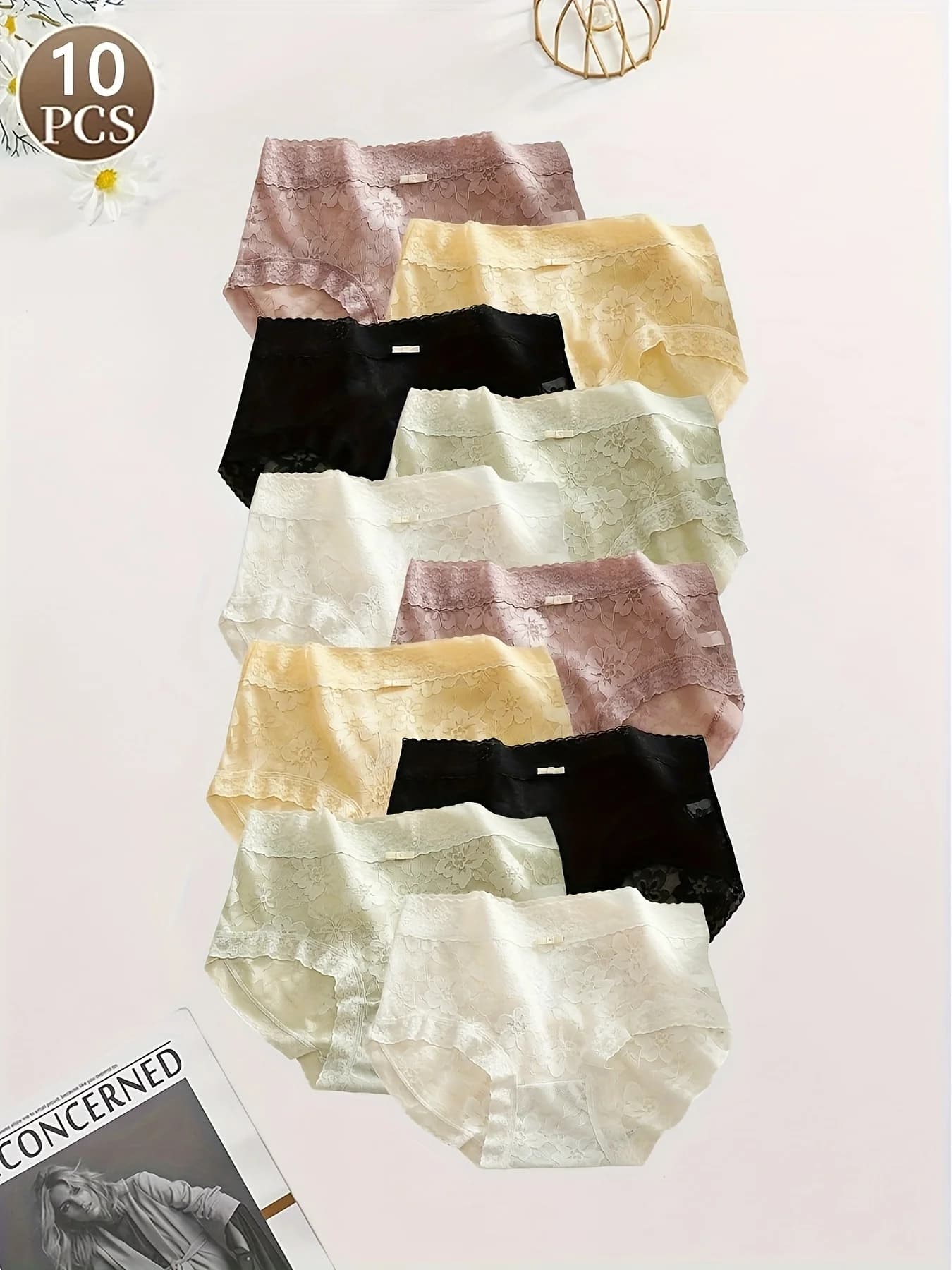 10-pcs lace bow underwear for women, mesh jacquard, thin, comfortable and breathable, young girl's student briefs