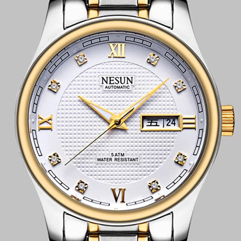 Orologio Meccanico Automatico di Lusso NESUN con Scala in Strass Svizzera per Uomo, Doppio Calendario, Luminoso e Impermeabile N9121-D