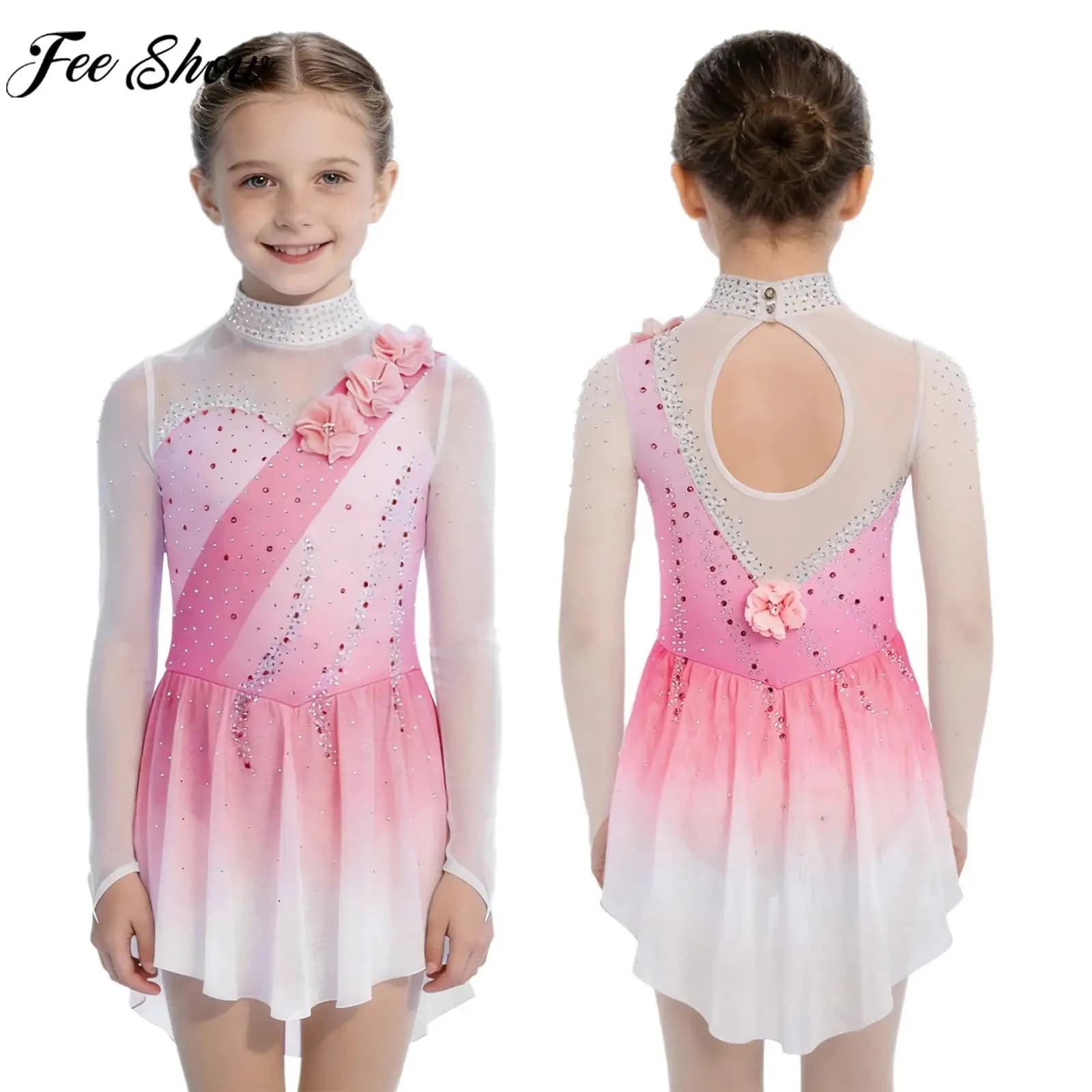 Bambini Ragazze Lucido Strass Applique Sheer Mesh Figura Pattinaggio su ghiaccio Vestito Ginnastica Acrobazie Balletto Danza Body Abiti