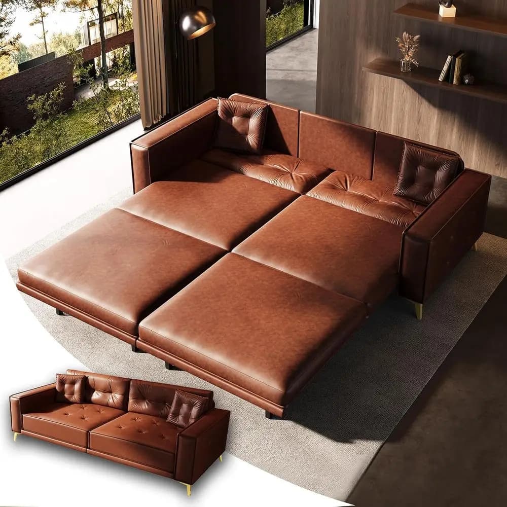 Convertible 3-in-1 Leather Sleeper Sofa with Tufted Back, 2 Pillows, Gold Legs, Light Brown