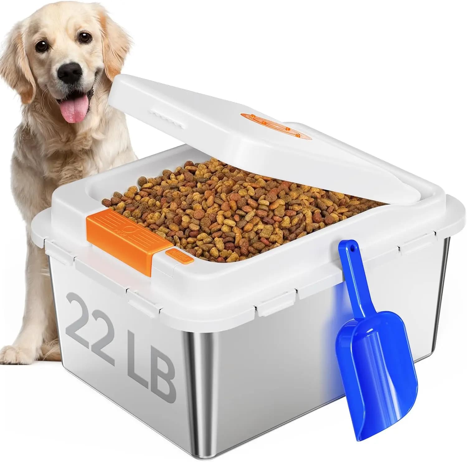 Stainless Steel Dog Food Storage Container 22LB, Airtight Pet Food Bin with One-Touch Lid, Large Capacity Metal Storage for Dog