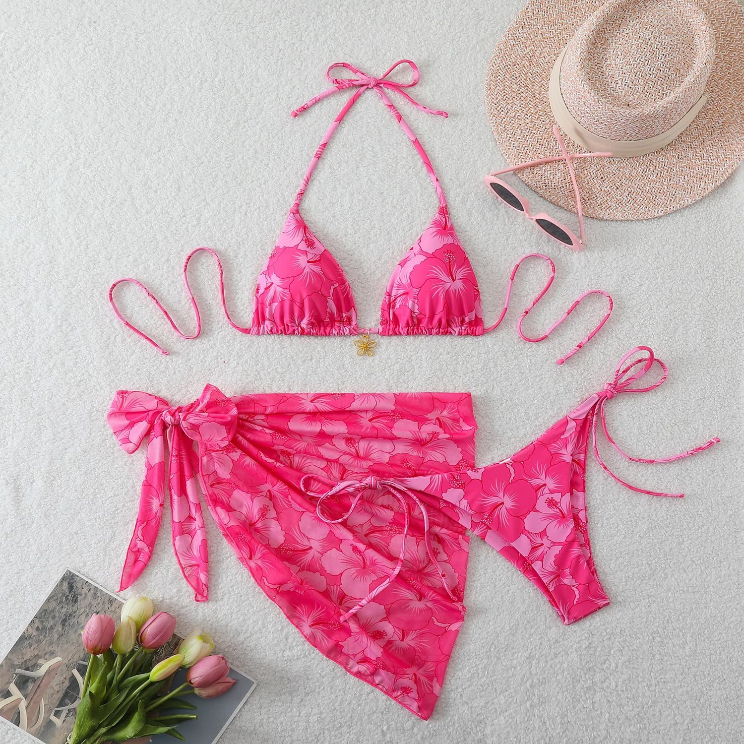 Completo Bikini Sexy di Tendenza 2026 con Gonna in Rete Trasparente, Top Halter con Laccetti Laterali, Set 3 Pezzi, Bikini a Fascia a Vita Alta