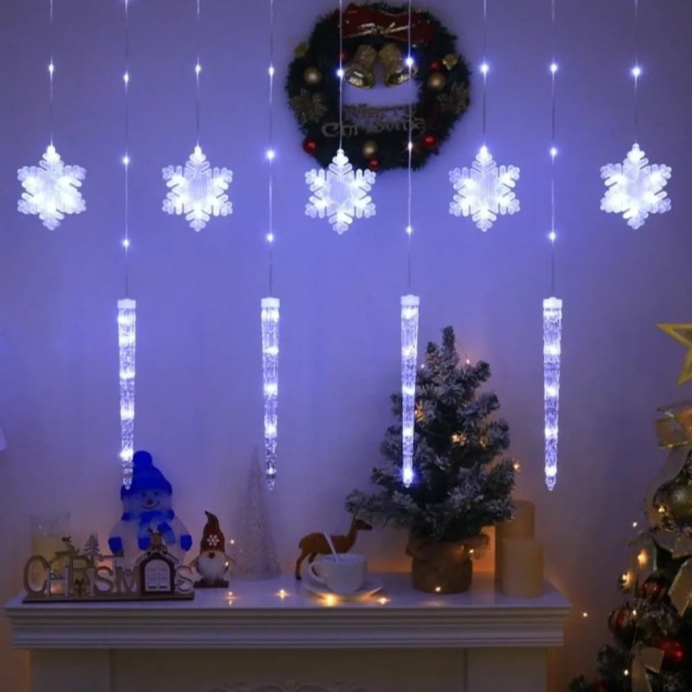 Icicle and Snowflake Shapes Christmas LED Curtain Lights Romantic Waterproof Xmas String Lights USB Powered 8 Modes Fairy Lights