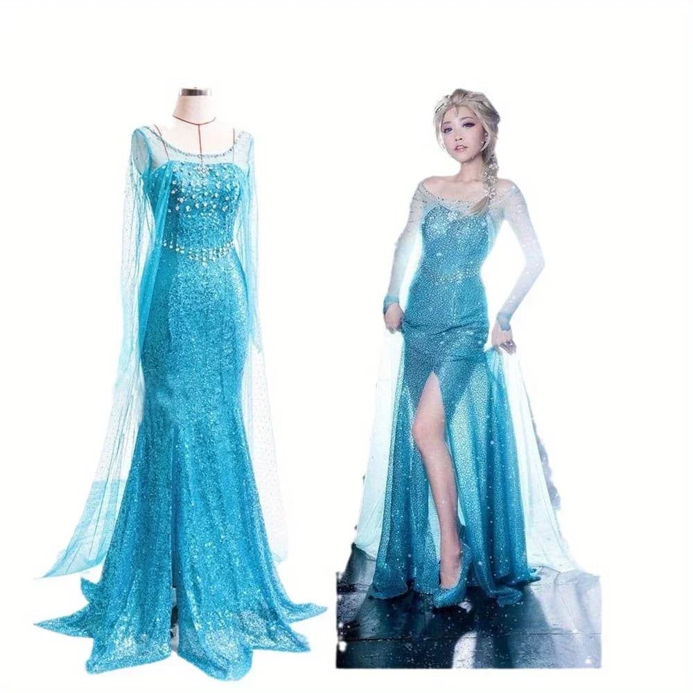 Costume da Principessa Elsa Frozen 2026 per Adulti, Abito per Festa di Halloween, Vestito Lungo Scintillante, Outfit Cosplay Regina Anna per Donne