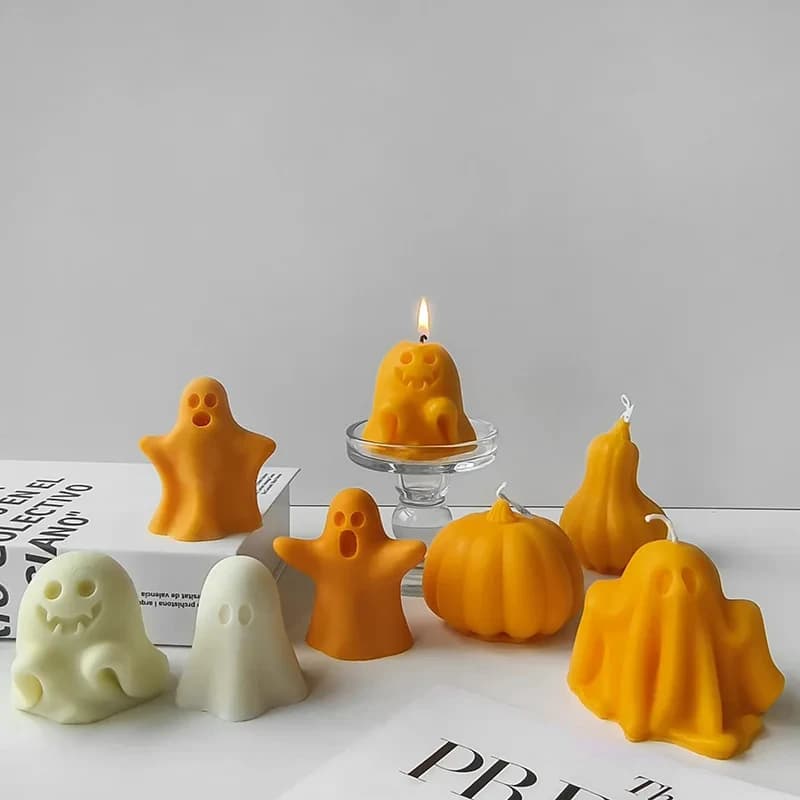 Stampi per candele con decorazione fantasma di Halloween Fai da te per feste di Halloween Divertenti candele profumate Stampi in silicone Mantello fantasma Bambola e zucca