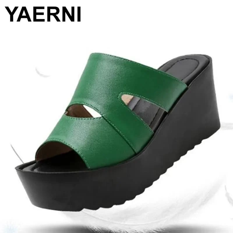 YAERNI New elegant summer slippers in leather Women casual sandals Comfortable shoes with non-slip plateau Slippers with women's wedge