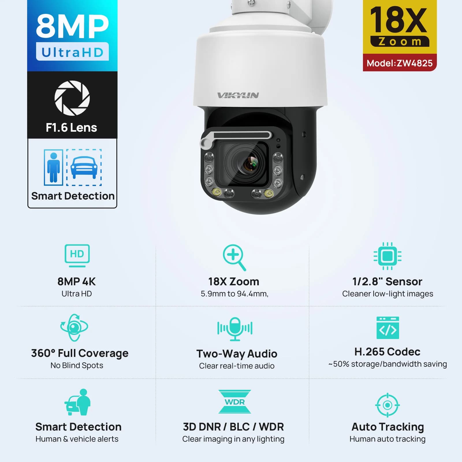 Vikylin 4K 8MP 18X Optical Zoom PTZ IP Security CCTV Camera IR Night Vision Auto Human tracking Two-way Audio with Wiper Blade