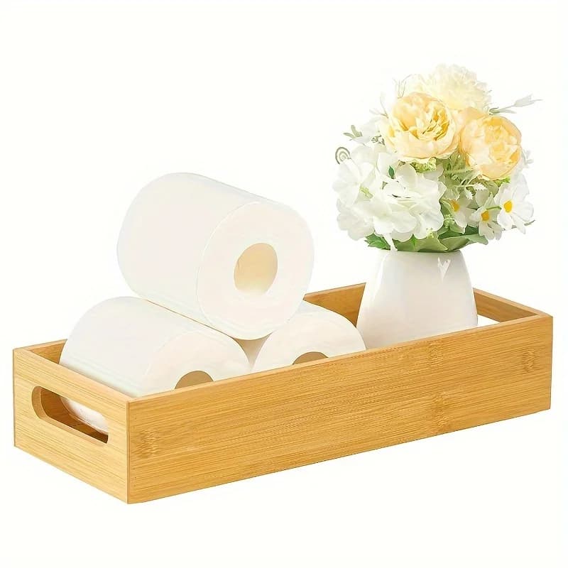 1 pezzo di carta igienica-vassoio da bagno in bambù con manici-cestino in bambù per canotta e bancone del water, decorazioni per la casa rustiche