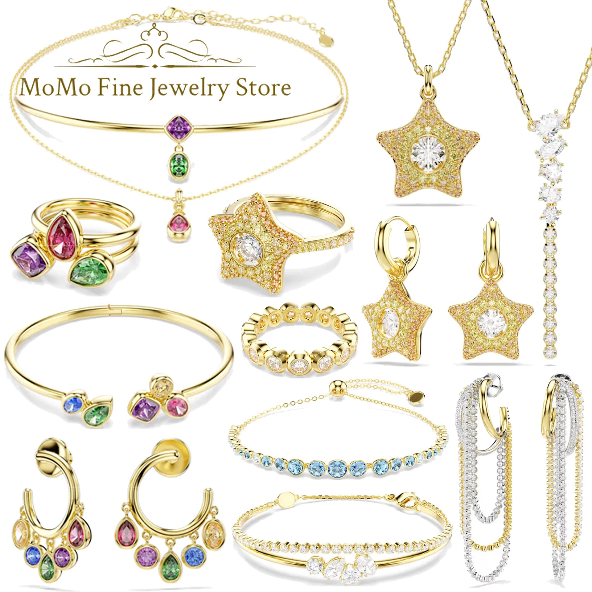 2026 Multi functional Jewelry Set Luxury Yellow Star Geometric Crystal Necklace Women's Bracelet with Niche Design High Earrings