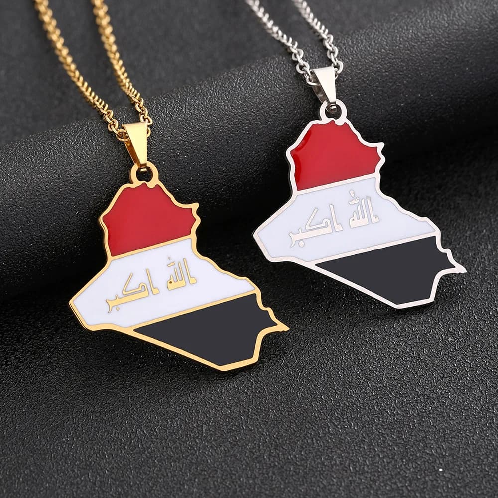 Collana con mappa dell'Iraq in acciaio inossidabile, coppia di stile famoso da uomo e da donna, collana in acciaio al titanio, accessorio coordinato transfrontaliero