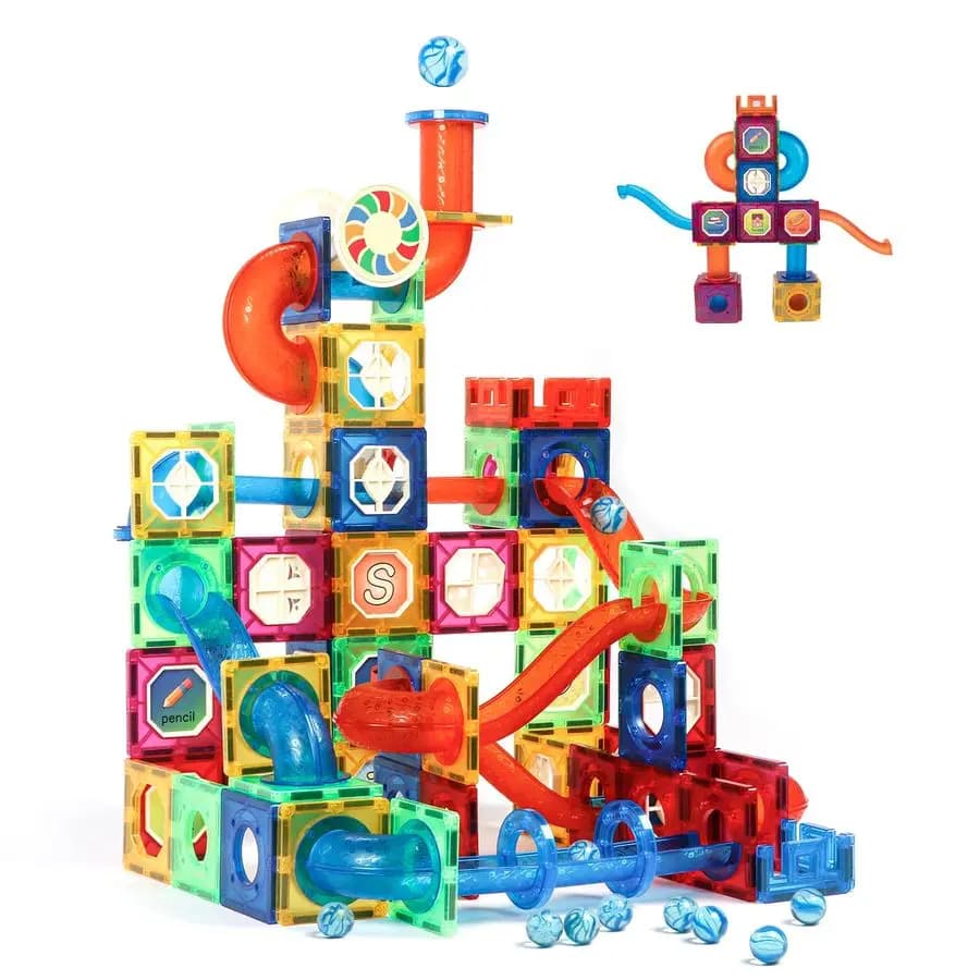 Piastrelle Magnetiche 176 Pezzi, Pista per Biglie, Giocattoli Educativi per Bambini per lo Sviluppo di Abilità Matematiche e Fisiche e per lo Sviluppo della Creatività