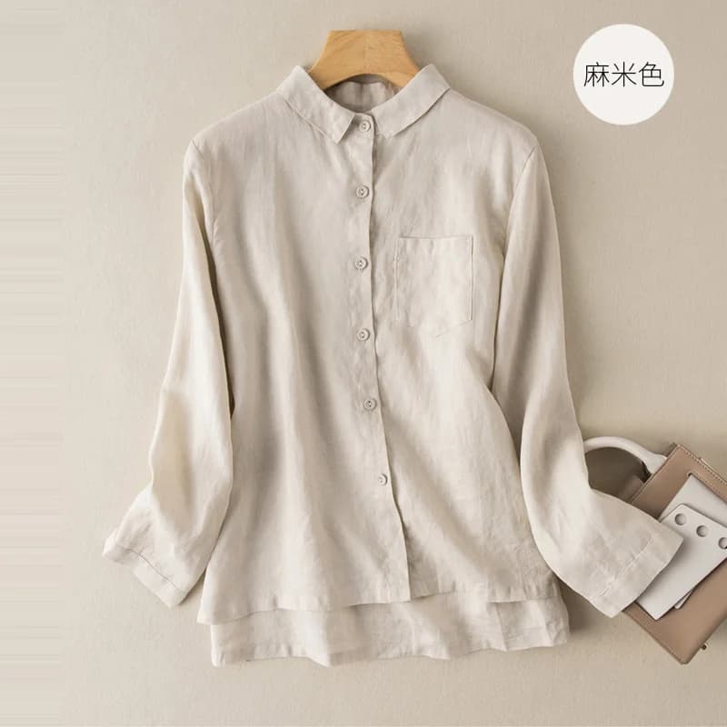 Women Pure Linen Lapel Shirt Long Sleeve Pocket Front Button Irregular Hem Casual Blouse
