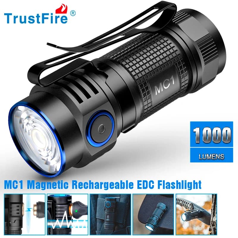 Torcia ricaricabile USB Trustfire MC1 Lampada LED EDC da 1000 lumen Torcia da lavoro magnetica a ricarica rapida 2A con lanterna magnetica