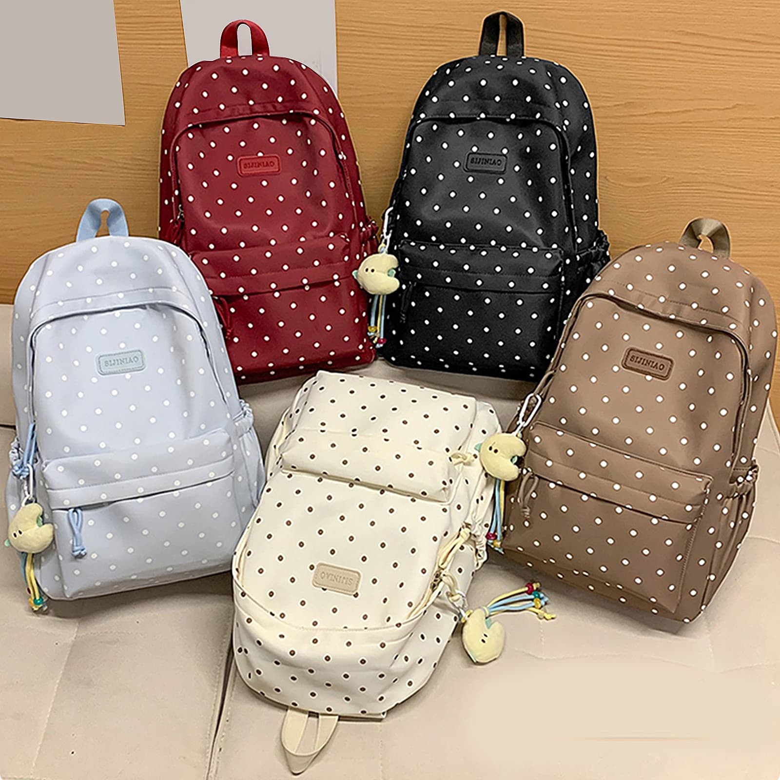 Cute Polka Dot Laptop Backpack with Pendent Travel Backpack Lightweight Bookbag for Female Elementary & Middle Students