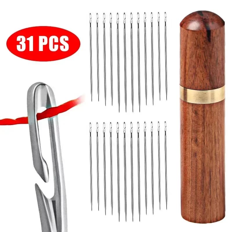 31pcs Blind Sewing Needle Elderly Stainless Steel Quick Automatic Self-Threading Needle Stitching Pins DIY Punch Needle Threader
