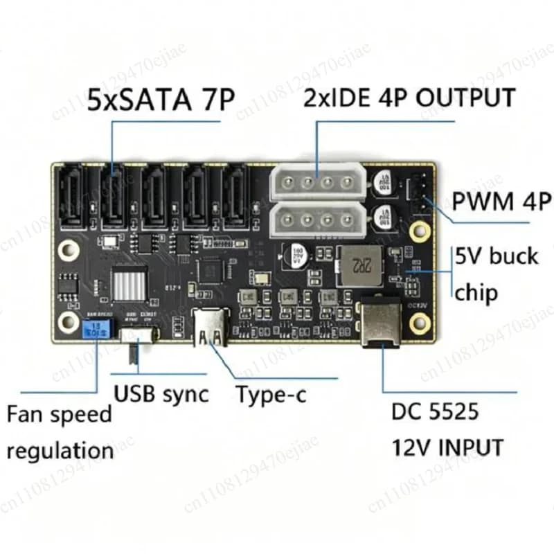 Scheda di espansione da Type-C a 5 bay per HDD/SSD, Adattatore dati per disco rigido esterno con modulo di alimentazione CC