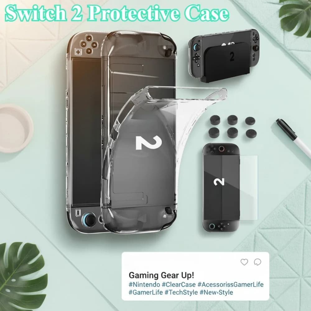 Custodia per Switch 2, Materiale TPU Morbido, con Protezione Schermo 4K HD, 2 Impugnature, 6 Copritasti, Custodia Protettiva Resistente alle Cadute