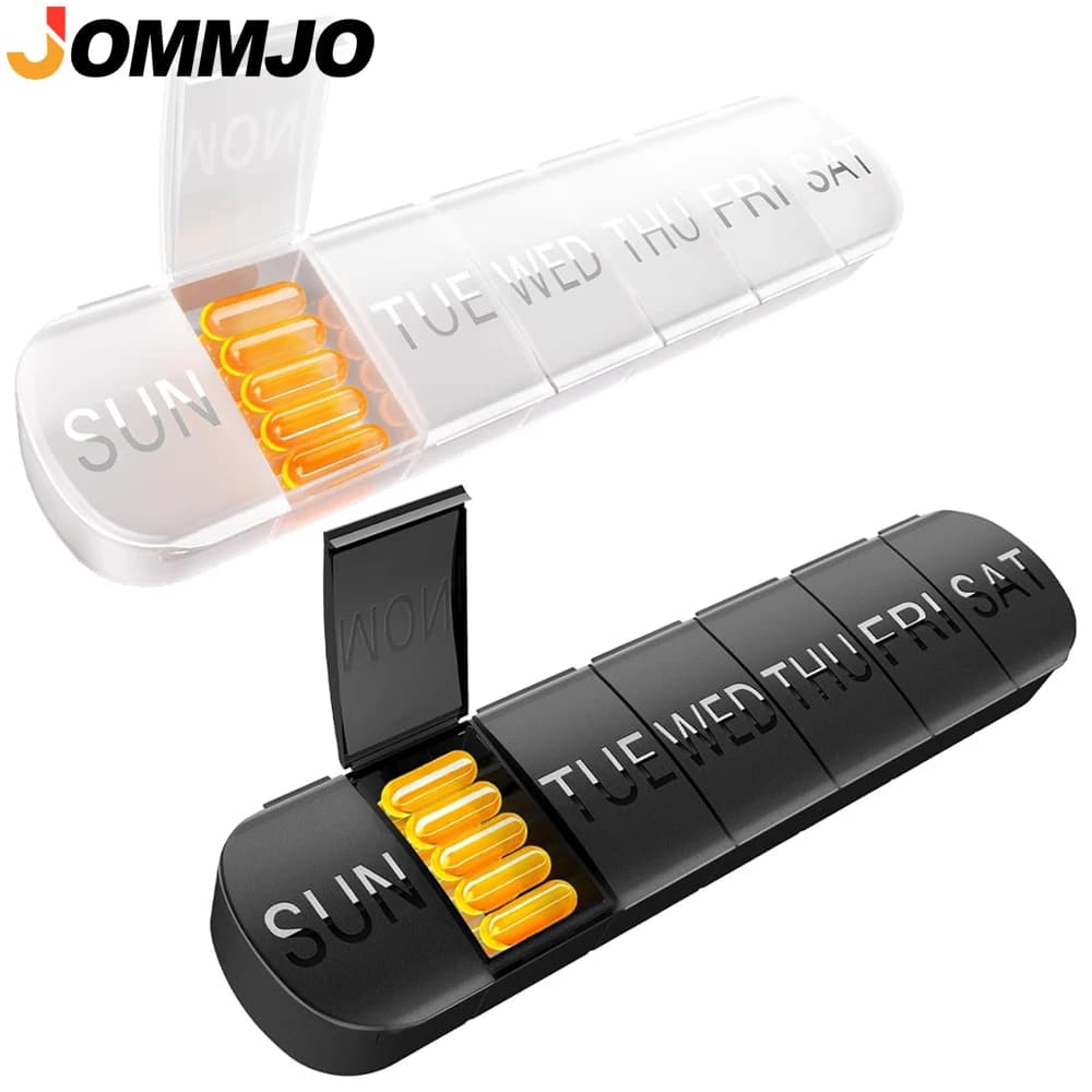 Weekly 1-piece pill holder, travel pills for 7 days, large compartment to contain vitamins, cod liver oil, supplements and medications