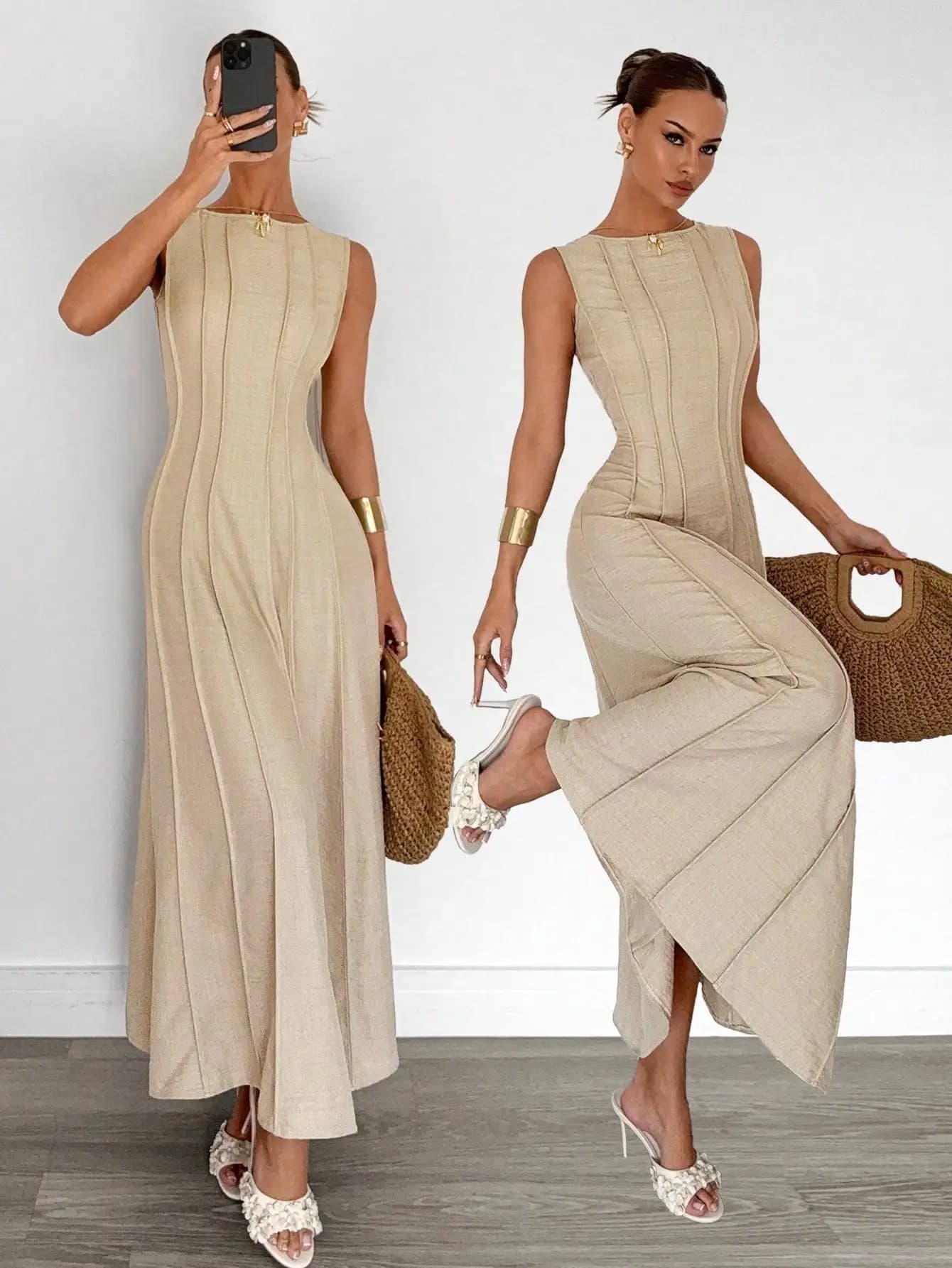 Elegant Linen Long Dress For Women Sleeveless A-Line Pleated Waist Split Hem