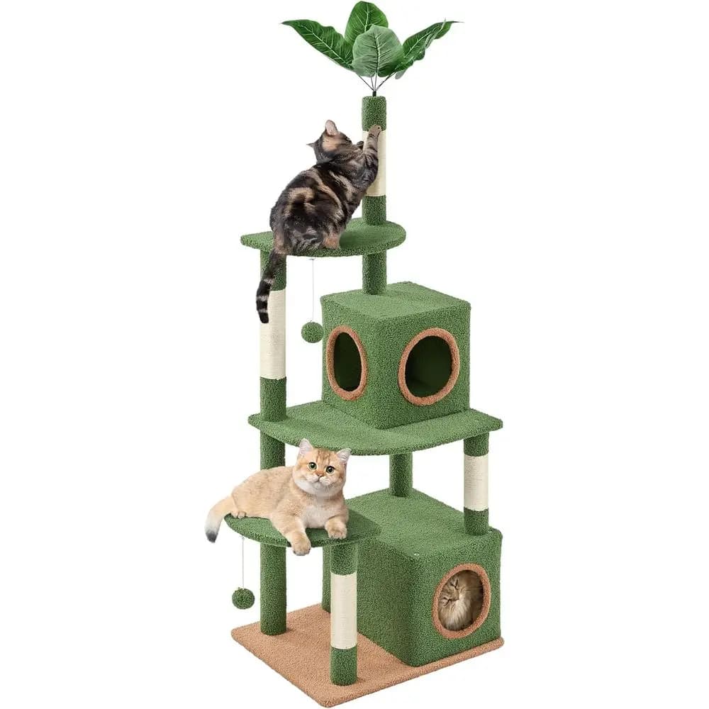 Albero per Gatti a Doppio Livello Verde con Piattaforma Spaziosa, 4 Tiragraffi e Palline per Gattini da Interno