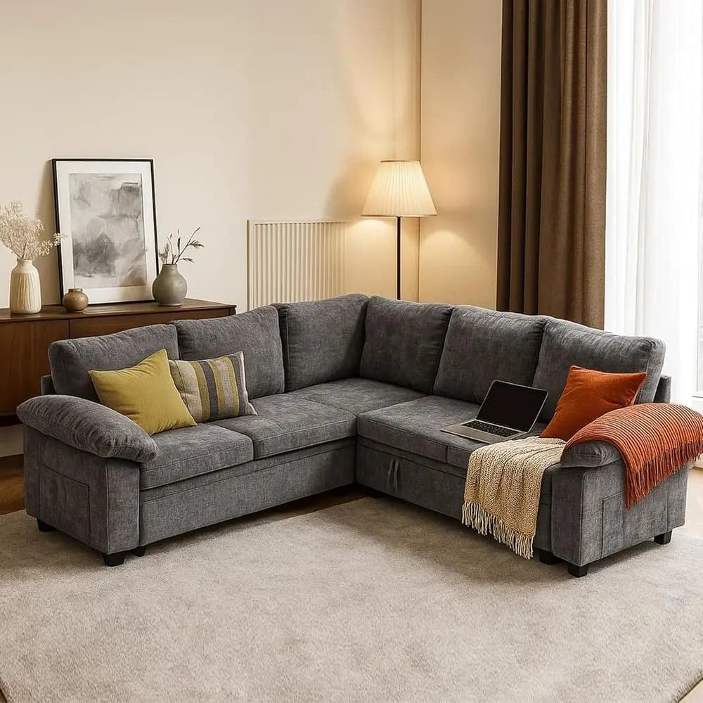 L-Sable Sofa with Container, Removable Bed and Cover (5 Posts, Grey)