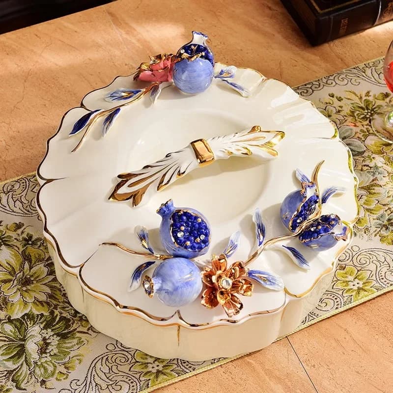 Scatola per snack e frutta secca, stile europeo, con coperchio, in ceramica, per soggiorno, creativa, per uso domestico, portadolci, piatto per frutta