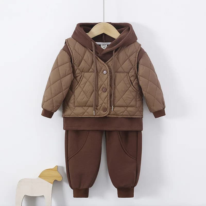 Completi con cappuccio caldi in pile Abbigliamento da esterno autunnale Ragazzi Set caldi e spessi Abbigliamento invernale per bambini Gilet con cappuccio per bambini Abito a tre pezzi