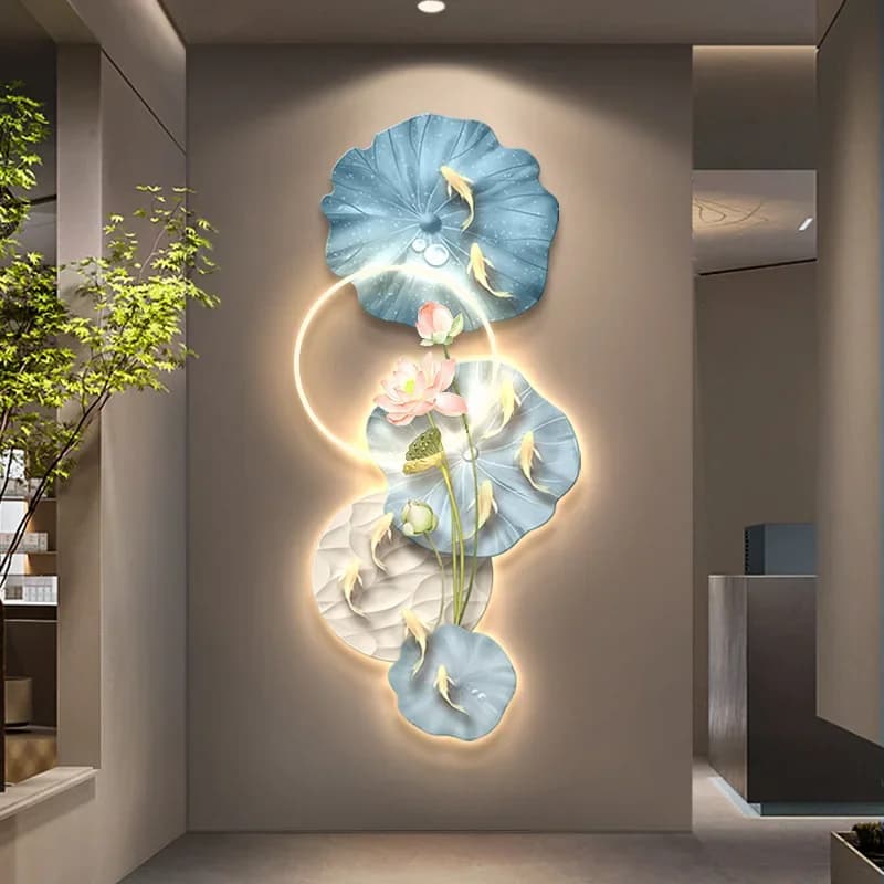 For modern luxury Lotus Nine Fish Picture Wall Art with LED lights Acrylic wall clock for living room