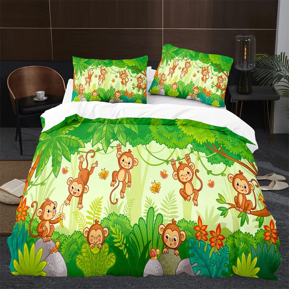 Copripiumino scimmia King Queen Set di biancheria da letto per animali dei cartoni animati adorabili per bambini Ragazzo Ragazza Verde albero della giungla Copripiumino in poliestere 2/3 pezzi