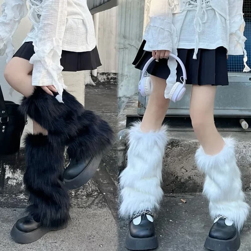 25/40cm Gothic Punk Black White Gray Imitation Fur Leg Warmers Y2k Winter Warm JK Furry Boots Socks Knee-length Hiphop Stockings