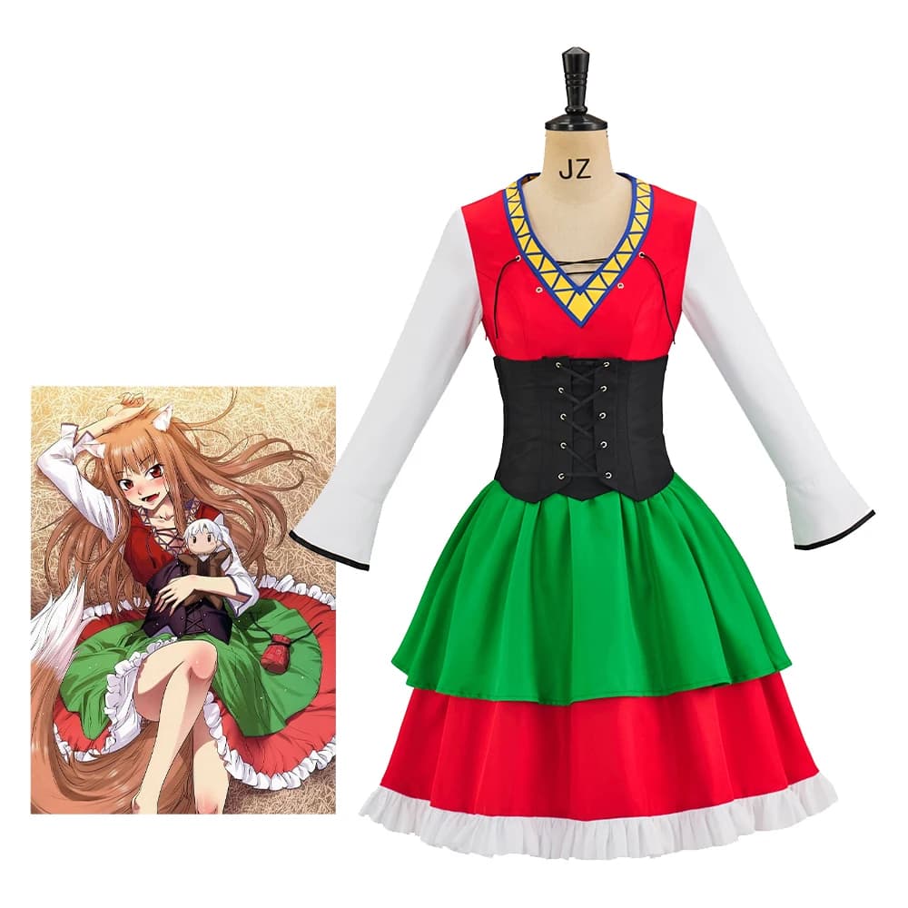 Costume Cosplay di Holo da Spice and Wolf, Abito Mimetico a Contrasto per Halloween e Carnevale, Taglie Plus