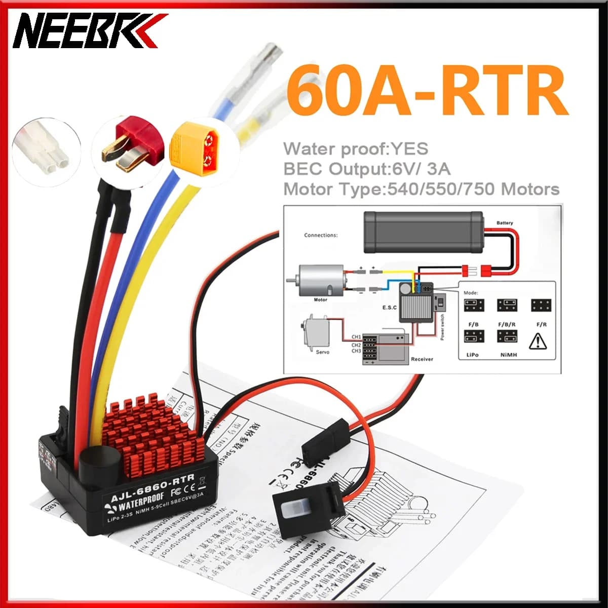 NEEBRC 60A Brushed ESC Waterproof Speed Controller 6V/3A BEC 3 modalità 2-3S per RC Car 540/550 motori veicoli Crawler Boat Tank