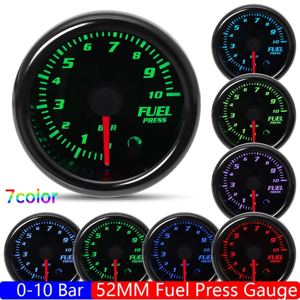 Auto Car 2" 52MM Fuel Pressure Gauge with Press Sensor 1/8 NPT Smoke Lens 7 Color Backlight Racing Meter for Petrol Car 12V