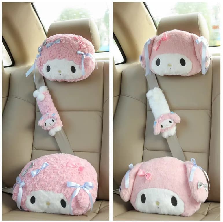 Cuscino Poggiatesta Auto Hello Kitty, Caldo Peluche Invernale, Supporto Collo e Lombare, Cuscino Regolabile per Sedile Auto, Copri Cintura di Sicurezza