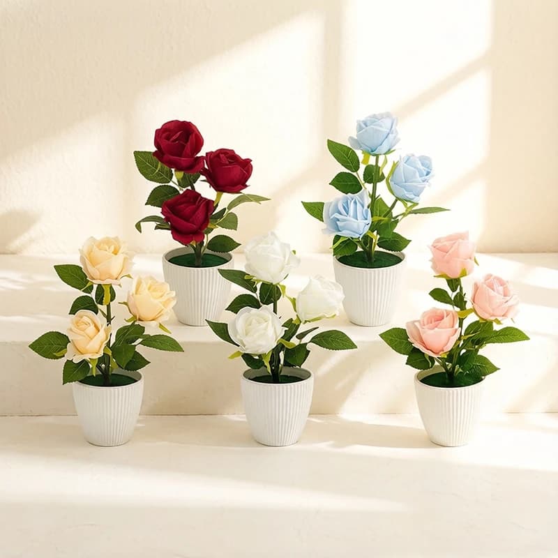 Rosa Artificiale in Vaso, Piante di Rose Finte, Bonsai Realistico, Ornamenti da Scrivania, Decorazioni per la Casa