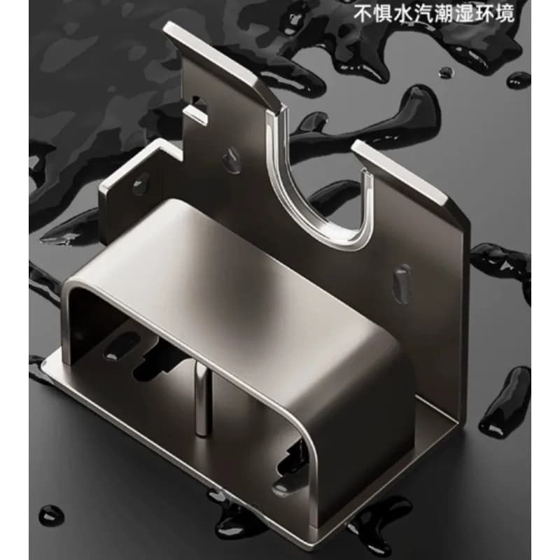 Gunmetal No-Drill Hair Dryer Bracket with 4-Toothbrush Stand, Wall Mount Bathroom Organizer for Family, Steel Rack