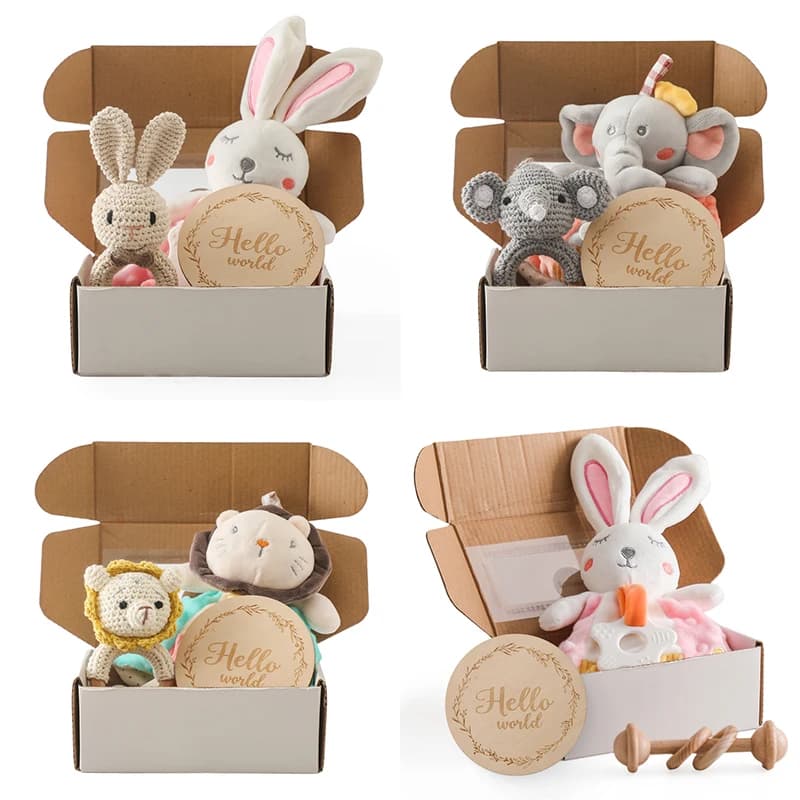 Set di giocattoli con sonaglio per bambini Set di giocattoli in cotone per animali da cartone animato con sonaglio per bambini Giocattolo per massaggiagengive in faggio con uncinetto Giocattolo tattile sensoriale per bambini Regalo per bambini