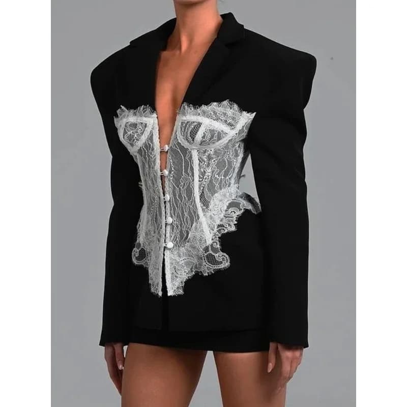Patchwork Long Sleeve Blazer Women Elegant Fashion Deep V Neck Embroidery Single-breasted Blazers Coat Female
