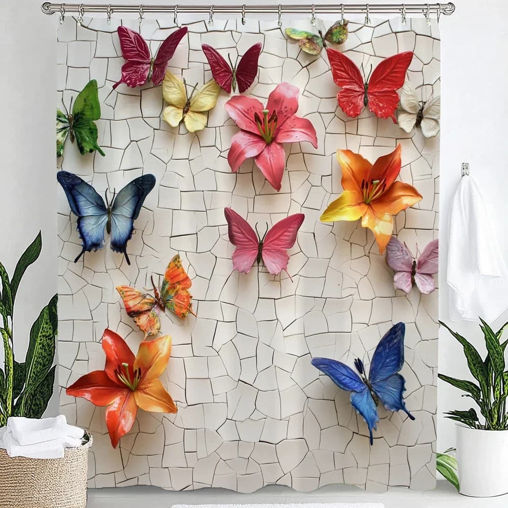 1pc Flowers and Butterflies Shower Curtain, Floral Bathroom decorative Curtain,Printed Polyester Home Decor Curtain with Hooks