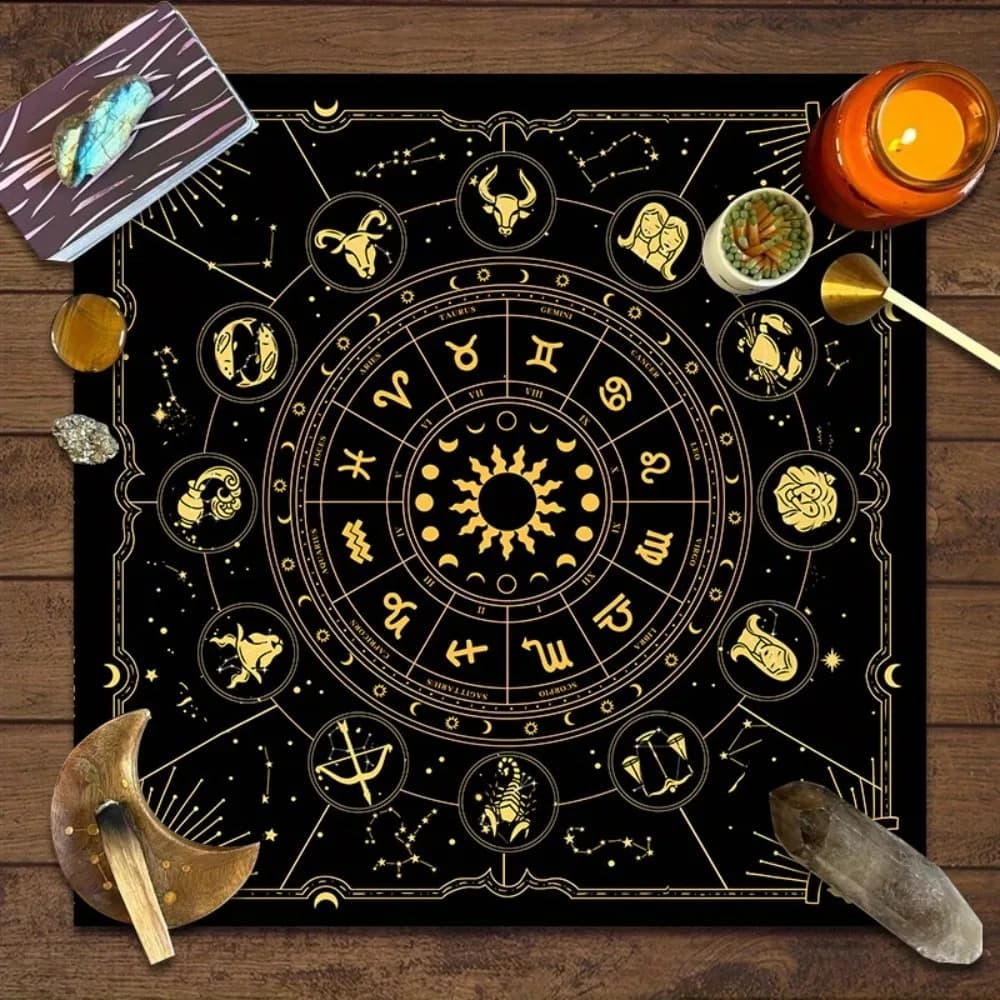 Telo Altare Tarocchi Zodiacali, Varie Misure, Stampa Digitale HD, 12 Costellazioni, Astrologia, Carte Oracolo, 100% Poliestere, Lavabile in Lavatrice