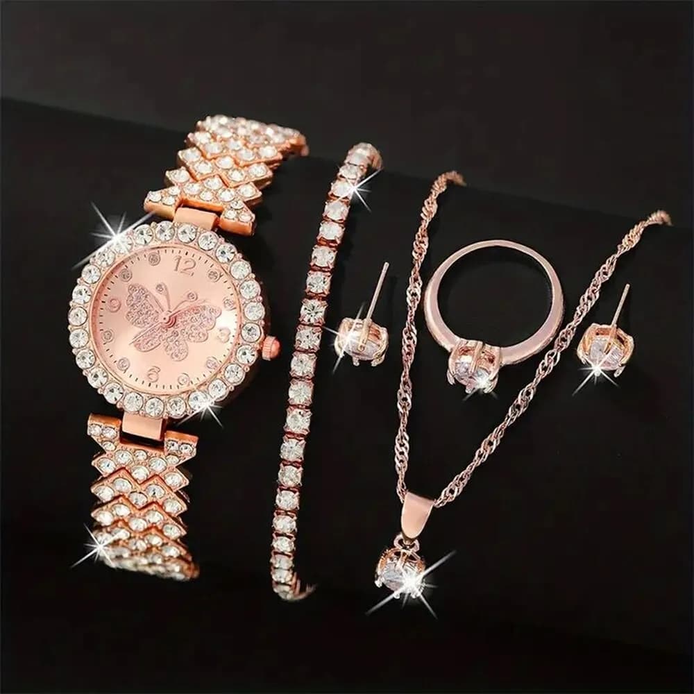 6 pezzi Set di gioielli in oro rosa orologio di lusso da donna anello collana orecchino strass moda orologio da polso orologi Casual da donna