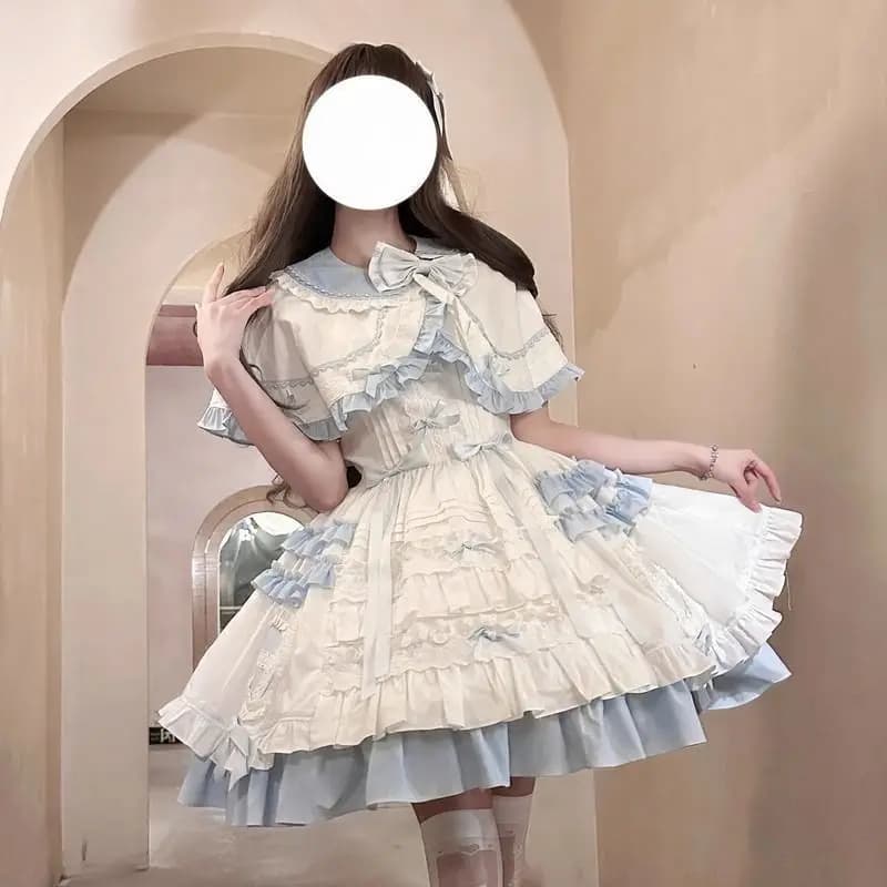 Dress Lolita JSK Blue with Mantle, Sweet Princess Dress in Japanese Style, Elegant Birthday Dress, Uniforms for Women, Theme Party