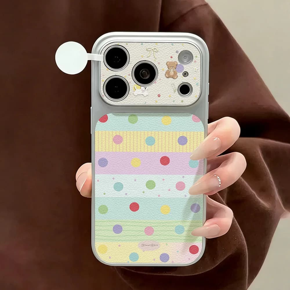 Colorful Dot Case For iPhone 17 16 15 14 Pro Max Cover For iPhone 12 13 Pro Max 11 17Pro 16P Pu Leather Texture Shockproof Funda