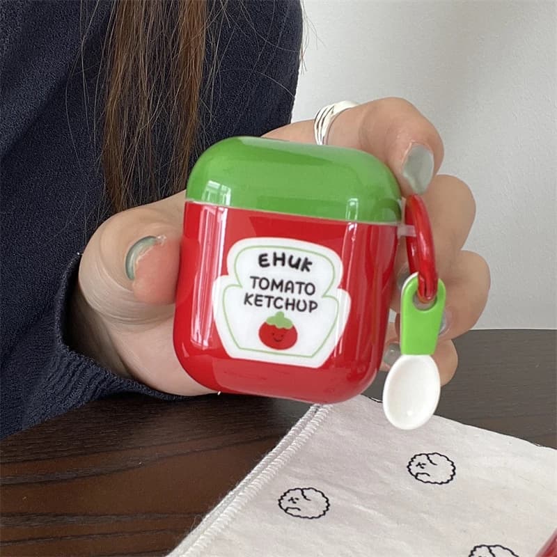 Custodia per auricolari INS con motivo ketchup a forma di pomodoro, colori rosso e verde, con gancio per Airpods 1 2 3 4 Pro 2 Pro 3