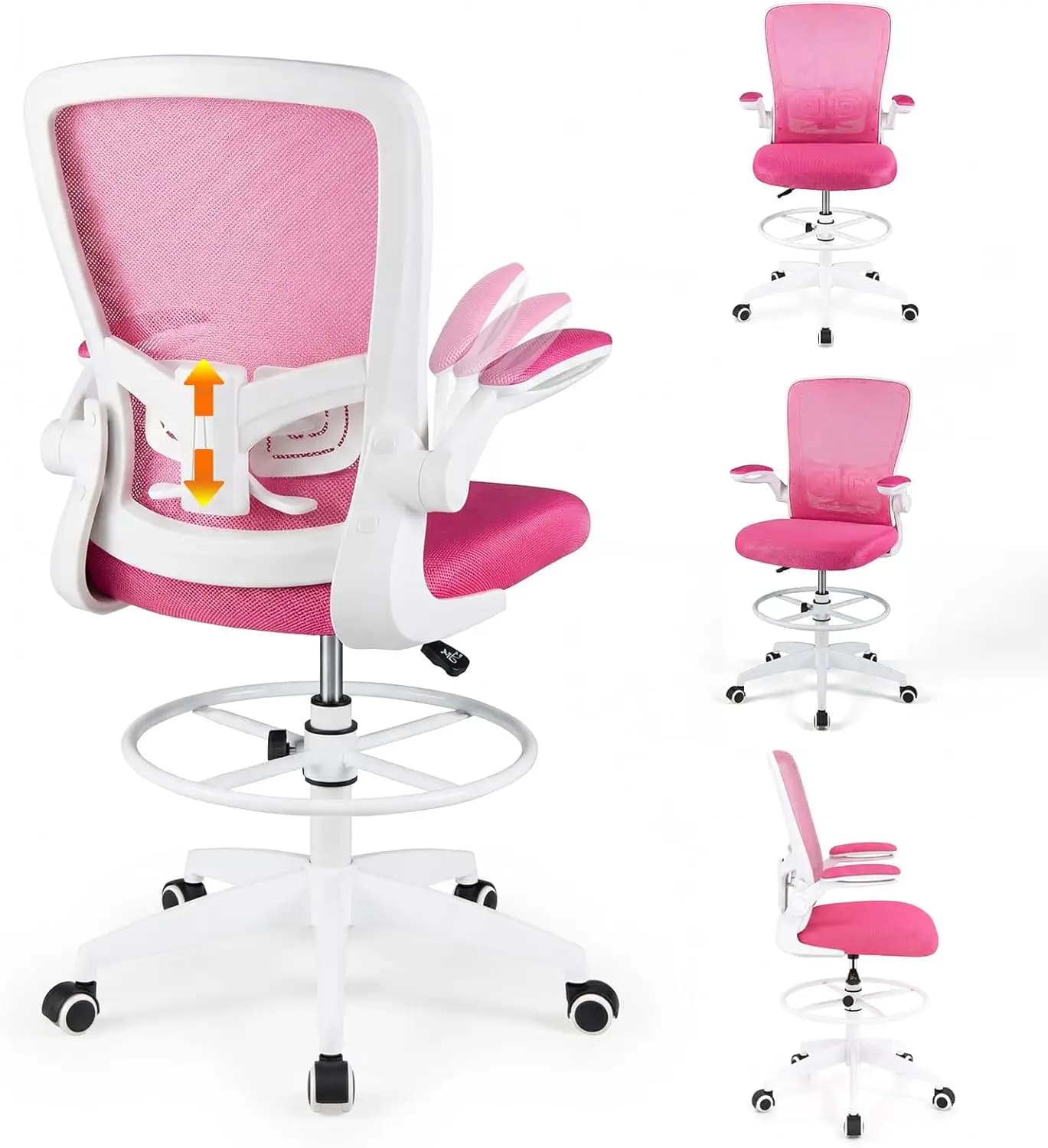 Sedia Ergonomica da Disegno per Scrivania Regolabile in Altezza, Cuscino Spesso 3 Pollici, Braccioli Ribaltabili, Supporto Lombare e Poggiapiedi Regolabili, Sgabello con Ruote, Rosso Rosa