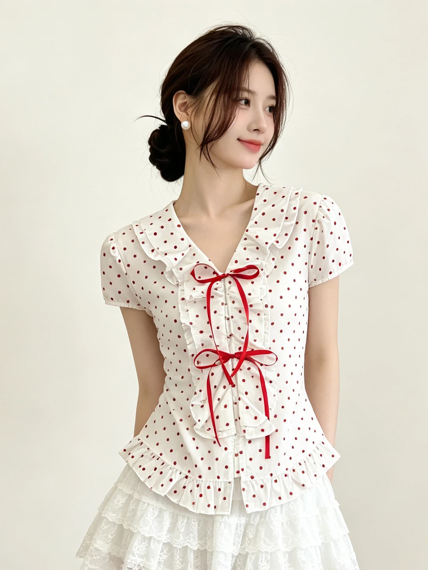 T-shirt estiva da donna con scollo a V, a pois, a maniche corte, con nodo in vita e vita arricciata, stile giovane e dolce