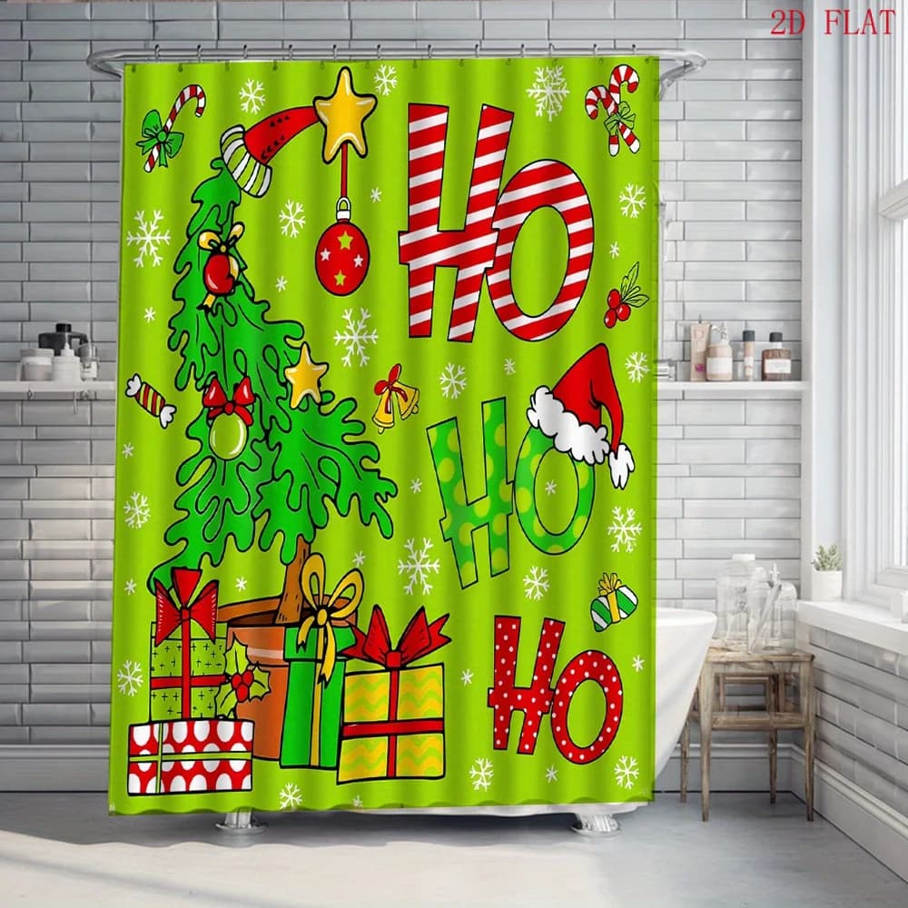 New in 2026 2D Flat, 1pc, Bright Green Background HoHoHo Christmas 2D Printed Shower Curtain. Christmas Decoration, Bathroom Shower Curtain, Perfect for Bathroom Decor, A Great Gift for Christmas 2027 And Halloween., 2D Flat