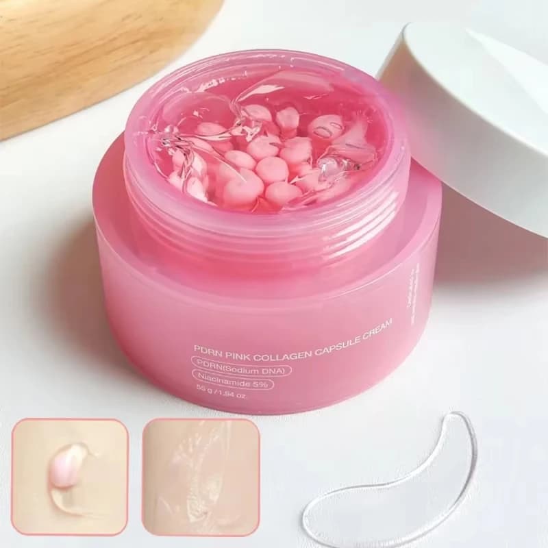 Korean cream PDRN Pink Collagen in capsules with niacinamide for a uniform skin tone, moisturizing light face, not fat.